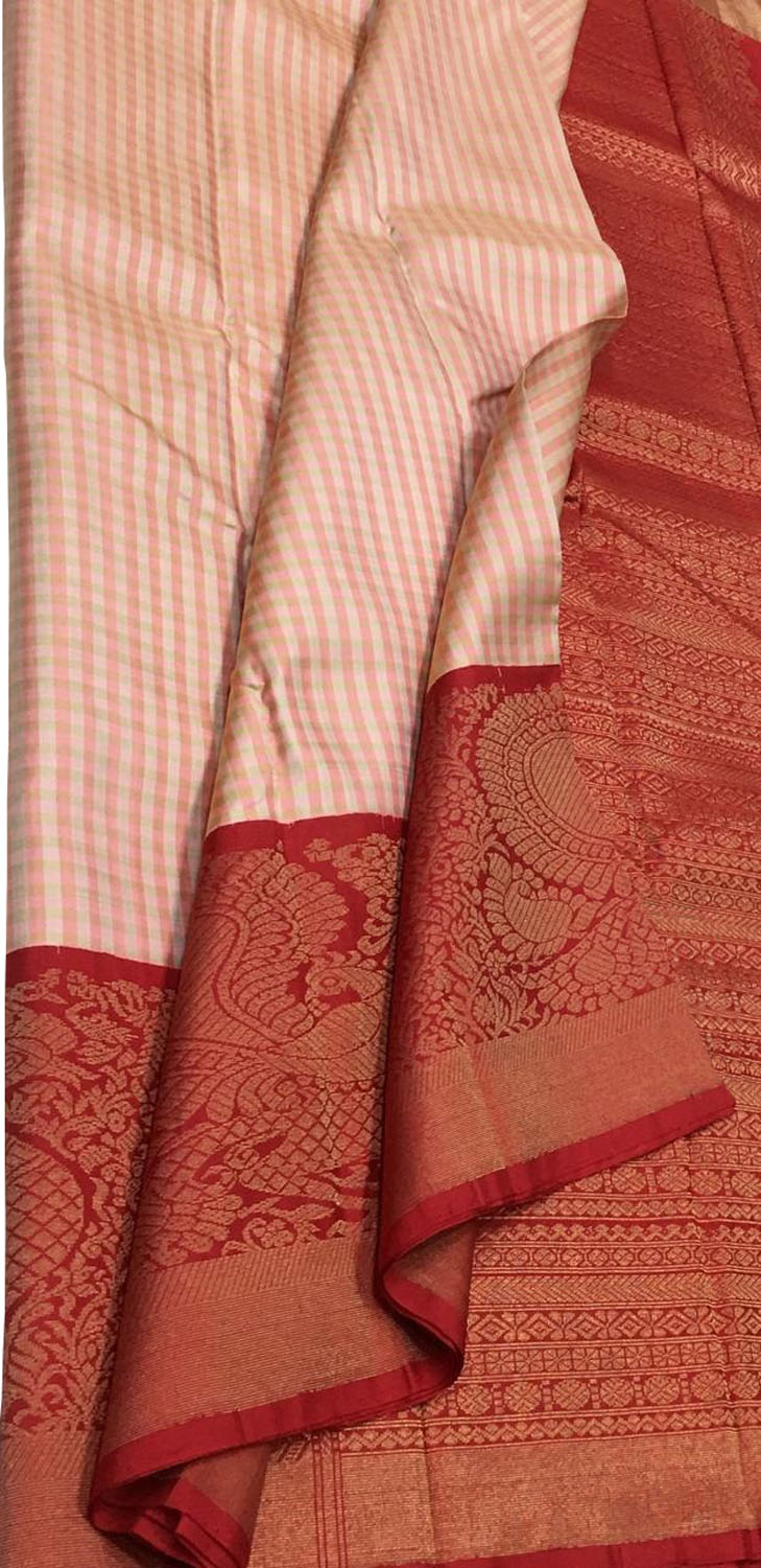 Stunning Pink And Red Checks Kanjeevaram Handloom Pure Silk Saree - Luxurion World