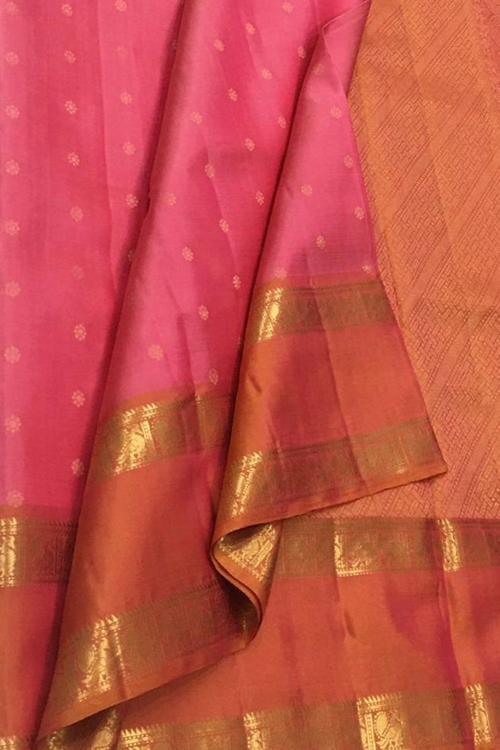 Pink And Orange Shot Kanjeevaram Handloom Pure Silk Saree - Luxurion World