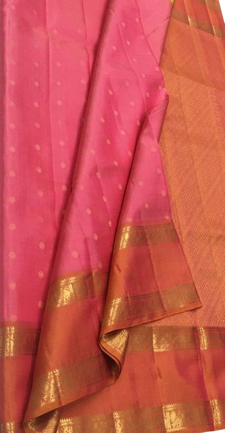 Pink And Orange Shot Kanjeevaram Handloom Pure Silk Saree - Luxurion World