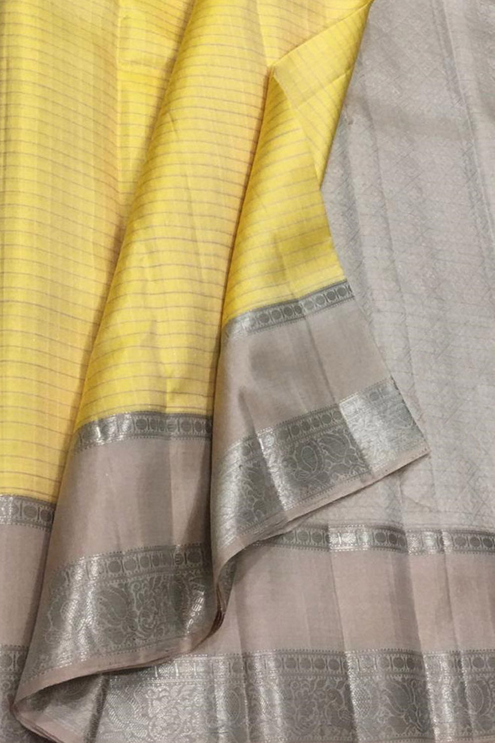 Yellow And Silver Kanjeevaram Handloom Pure Silk Saree - Luxurion World
