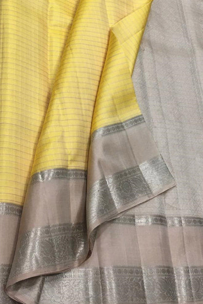 Yellow And Silver Kanjeevaram Handloom Pure Silk Saree - Luxurion World