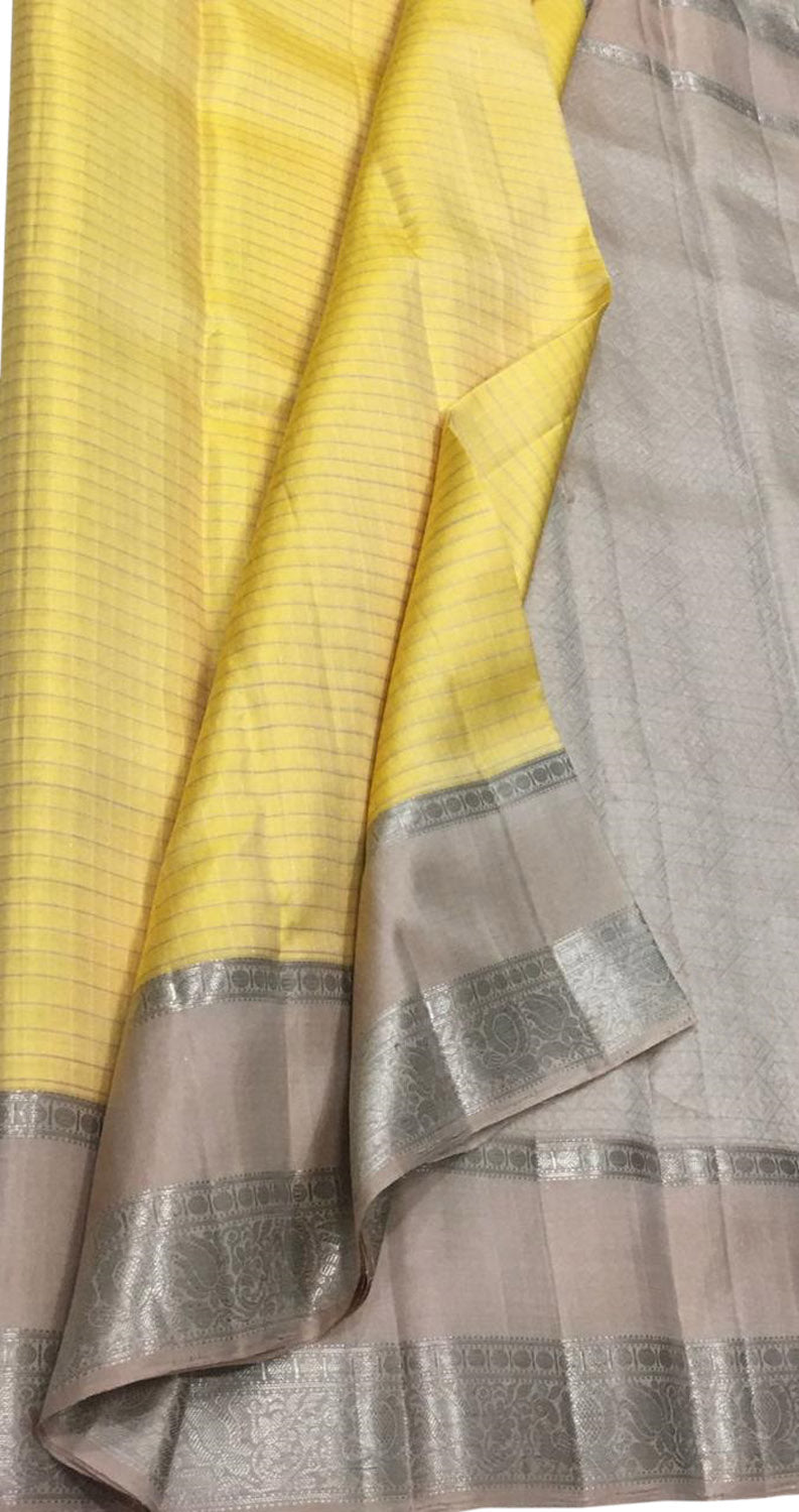 Yellow And Silver Kanjeevaram Handloom Pure Silk Saree - Luxurion World