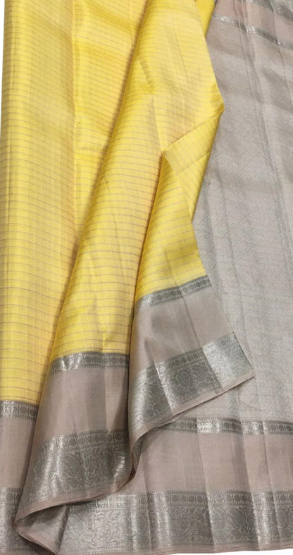 Yellow And Silver Kanjeevaram Handloom Pure Silk Saree - Luxurion World