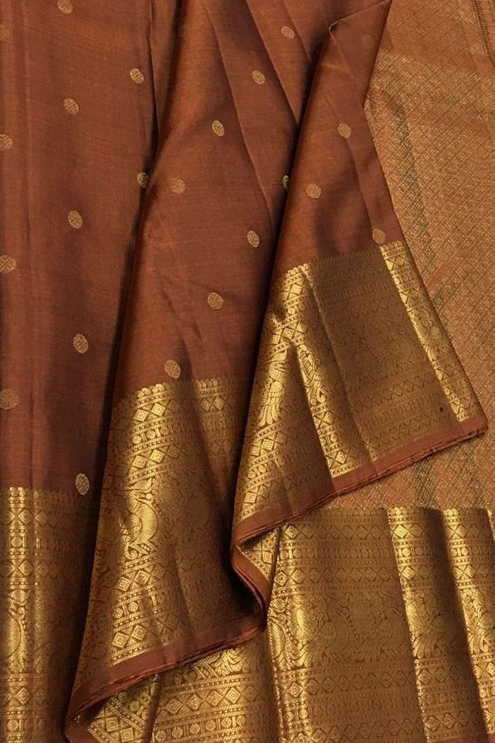 Brown Kanjeevaram Handloom Pure Silk Booti Design Saree - Luxurion World