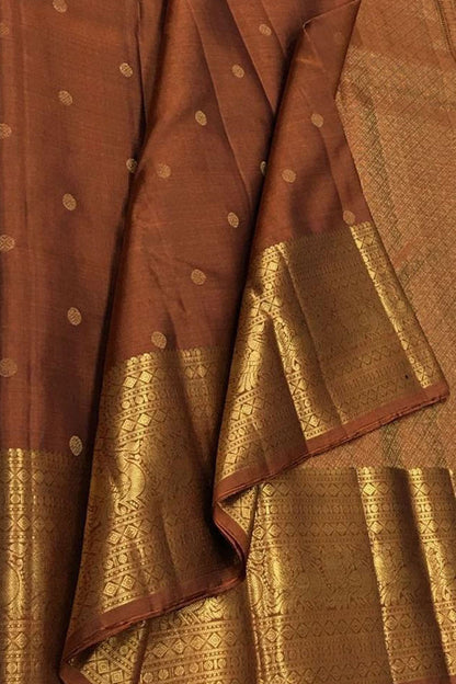 Brown Kanjeevaram Handloom Pure Silk Booti Design Saree - Luxurion World