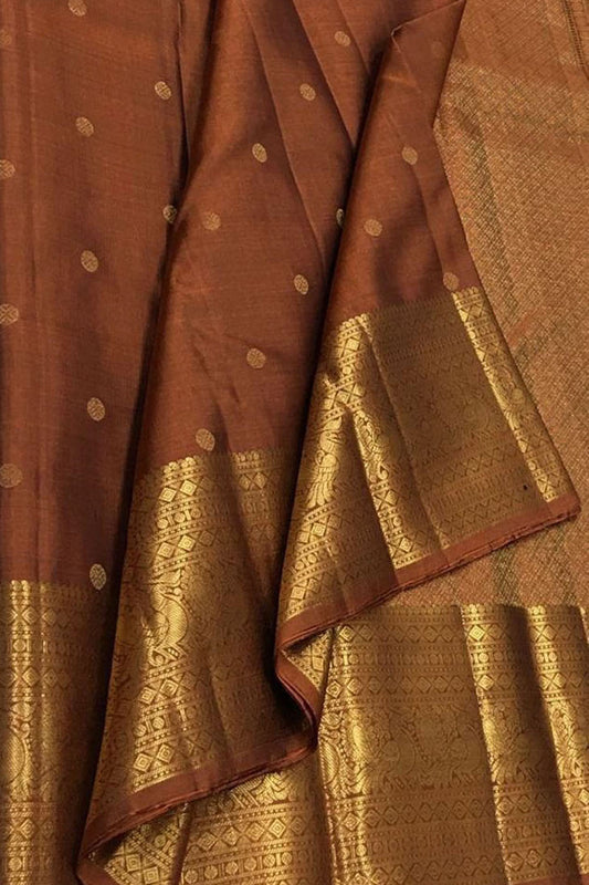 Brown Kanjeevaram Handloom Pure Silk Booti Design Saree - Luxurion World