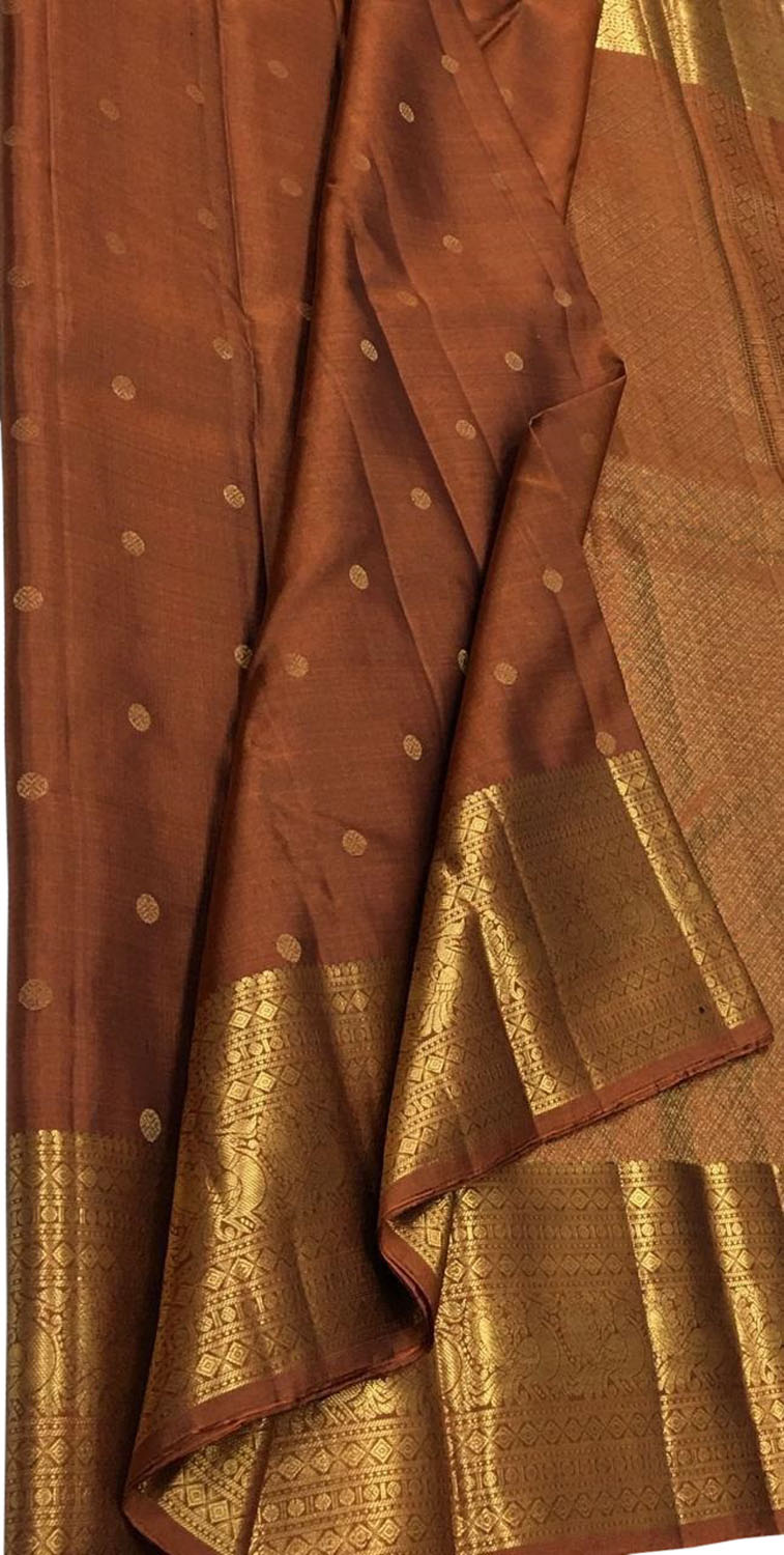 Brown Kanjeevaram Handloom Pure Silk Booti Design Saree - Luxurion World