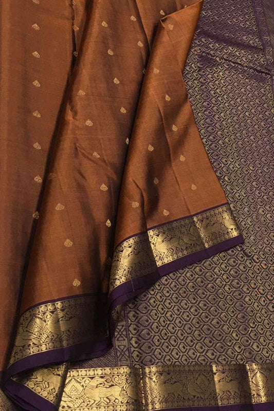 Exquisite Brown Kanjeevaram Pure Silk Saree Handloom - Luxurion World