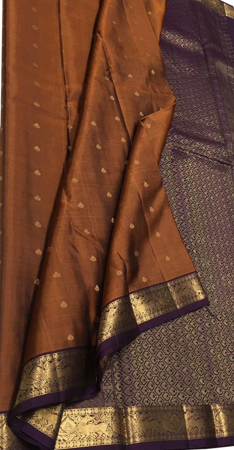 Exquisite Brown Kanjeevaram Pure Silk Saree Handloom - Luxurion World