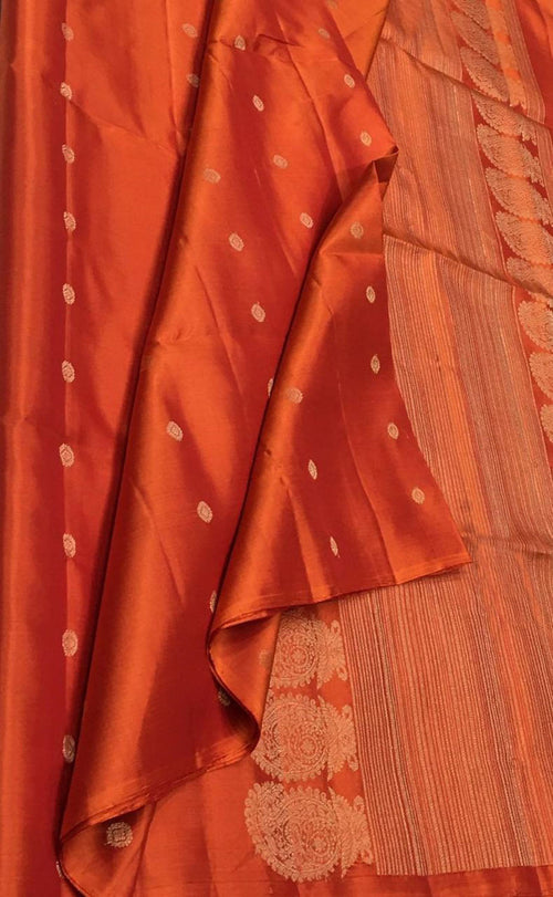 Orange Handloom Kanjeevaram Pure Silk Saree - Luxurion World