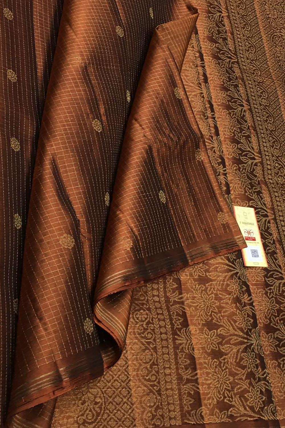 Elegant Brown Pure Silk Saree with Handloom Kanjeevaram Design - Luxurion World
