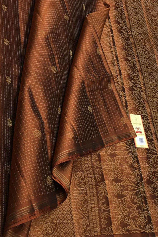Elegant Brown Pure Silk Saree with Handloom Kanjeevaram Design - Luxurion World