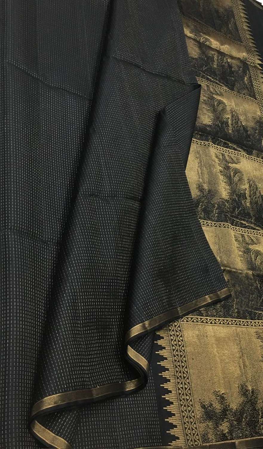 Black Handloom Kanjeevaram Pure Silk Saree - Luxurion World