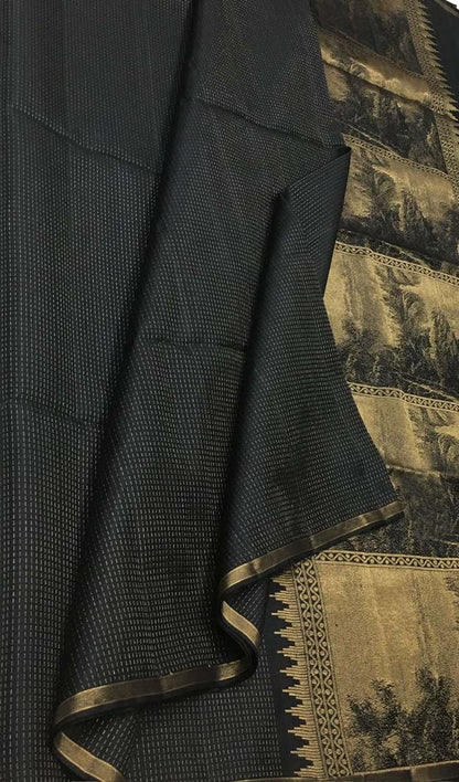 Black Handloom Kanjeevaram Pure Silk Saree - Luxurion World