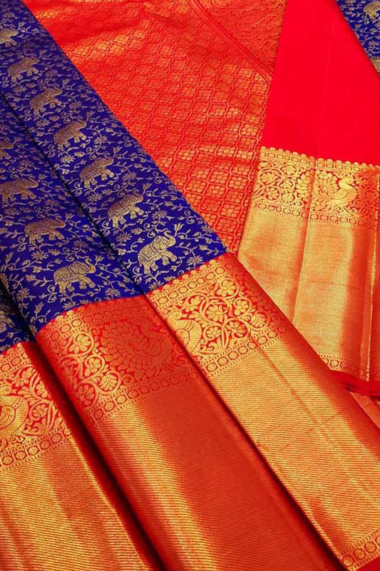 Pure Silk Blue Kanjeevaram Handloom Saree: Traditional Elegance - Luxurion World
