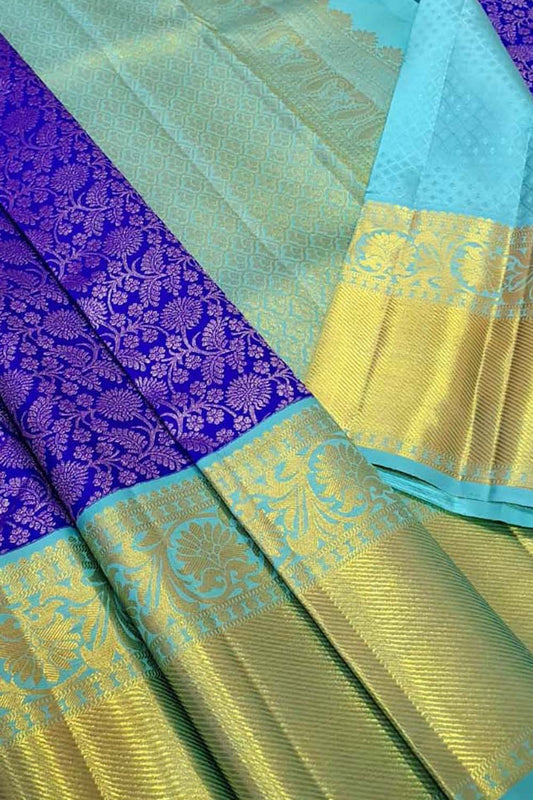 Pure Silk Blue Kanjeevaram Handloom Saree: Traditional Elegance - Luxurion World