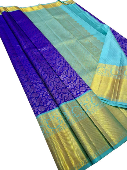 Pure Silk Blue Kanjeevaram Handloom Saree: Traditional Elegance - Luxurion World