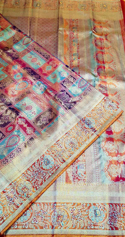 Multicolor Kanjeevaram Handlooms Pure Tissue Silk Saree - Luxurion World