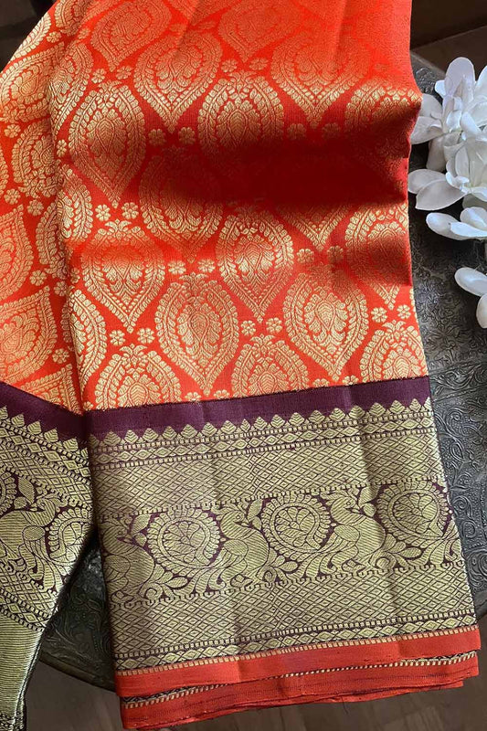 Orange Handloom Kanjeevaram Pure Silk Saree - Luxurion World
