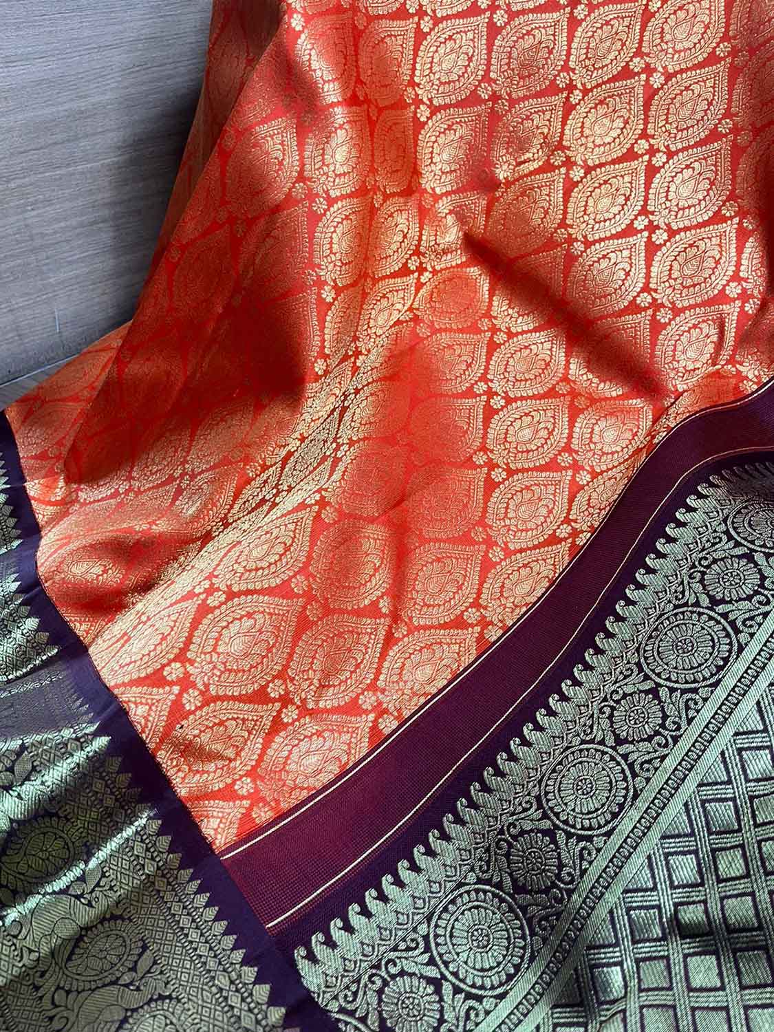 Orange Handloom Kanjeevaram Pure Silk Saree - Luxurion World