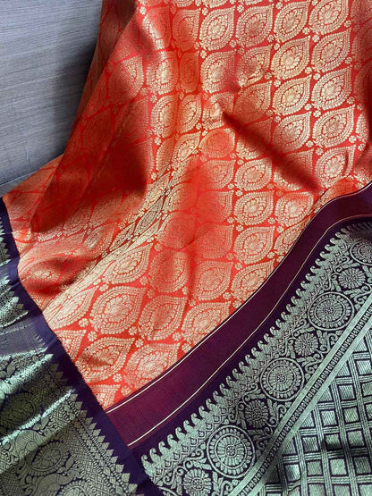Orange Handloom Kanjeevaram Pure Silk Saree - Luxurion World