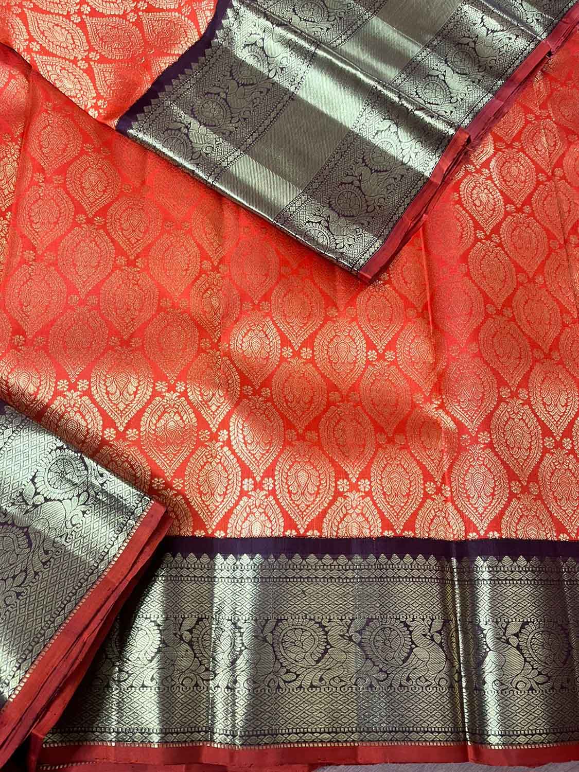 Orange Handloom Kanjeevaram Pure Silk Saree - Luxurion World