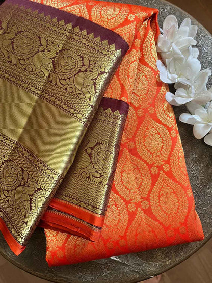 Orange Handloom Kanjeevaram Pure Silk Saree - Luxurion World