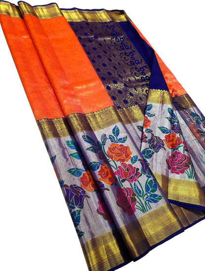 Orange Kanjeevaram Silk Saree: Handloom Elegance - Luxurion World