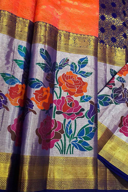 Orange Kanjeevaram Silk Saree: Handloom Elegance - Luxurion World