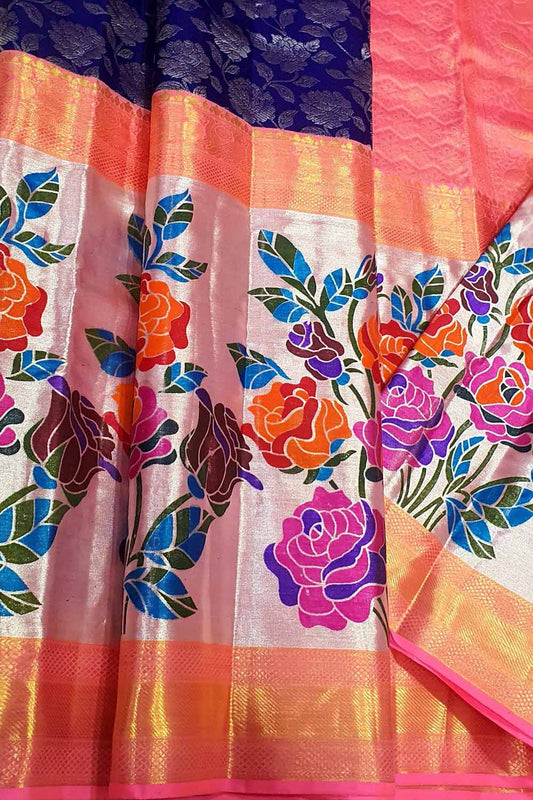 Elegant Blue Kanjeevaram Silk Saree - Handloom Pure Silk - Luxurion World