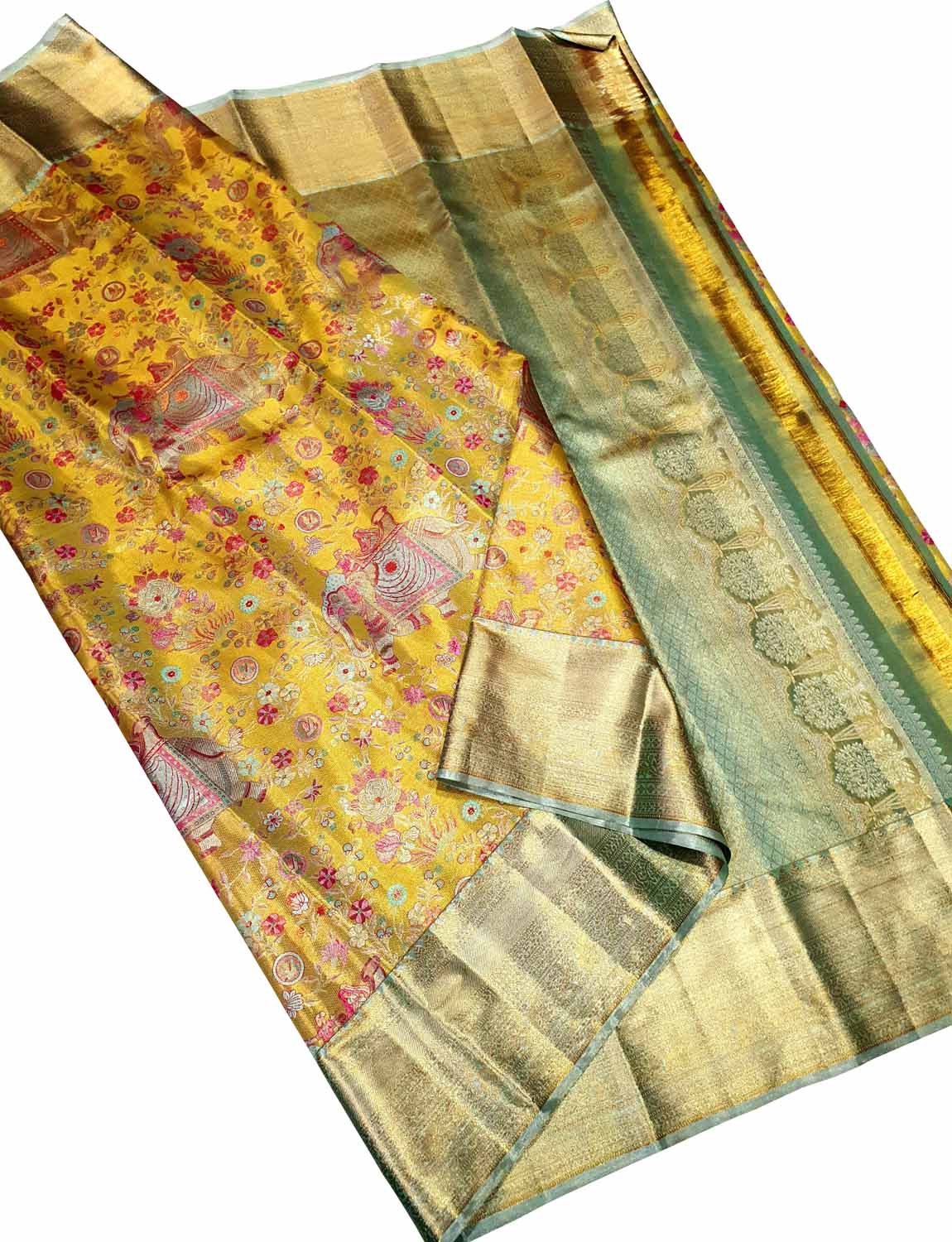 Yellow Kanjeevaram Handloom Pure Tissue Silk Saree - Luxurion World