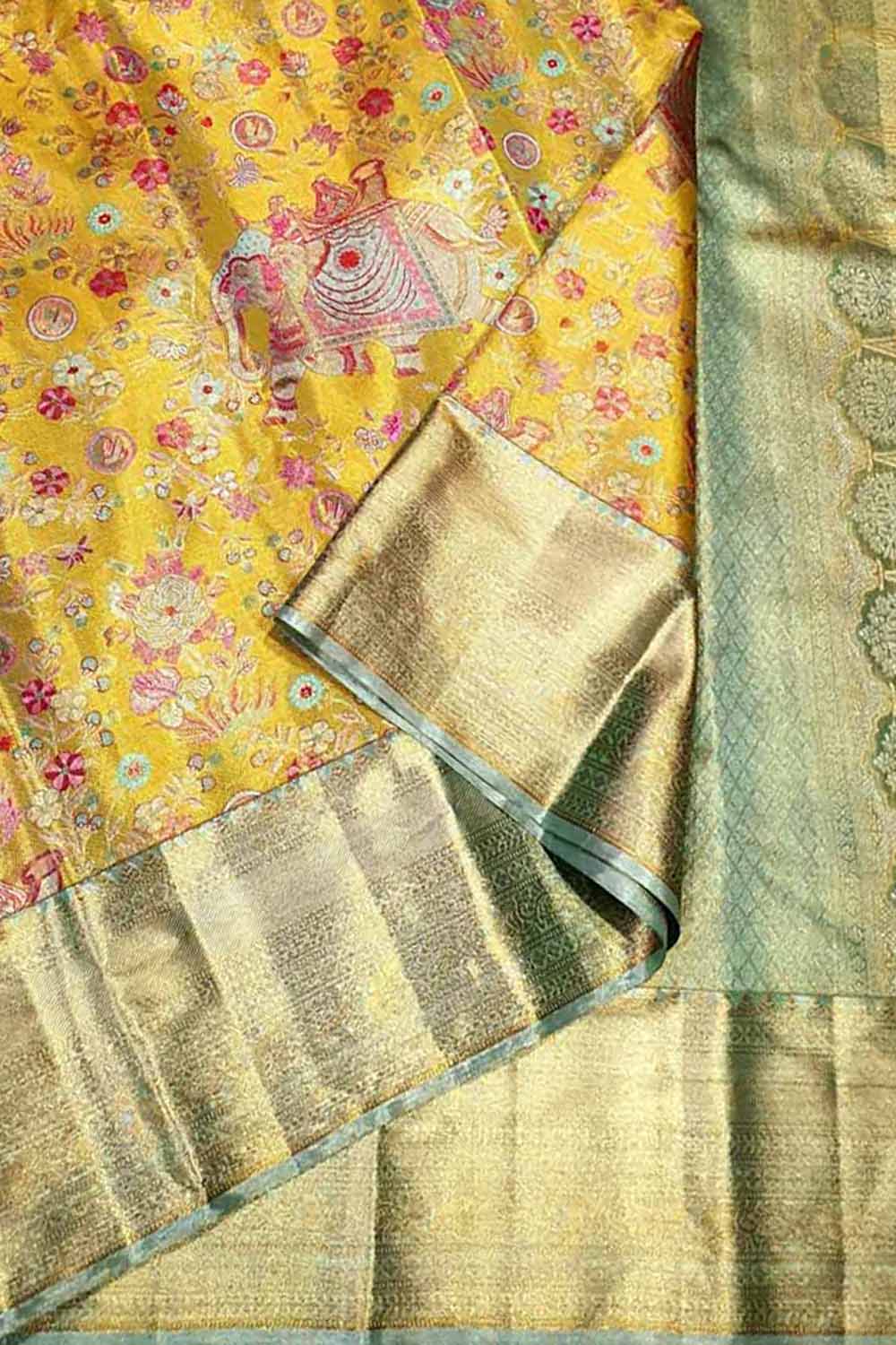 Yellow Kanjeevaram Handloom Pure Tissue Silk Saree - Luxurion World