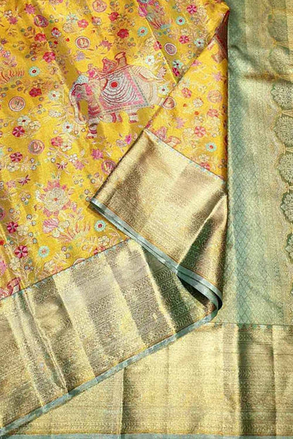 Yellow Kanjeevaram Handloom Pure Tissue Silk Saree - Luxurion World