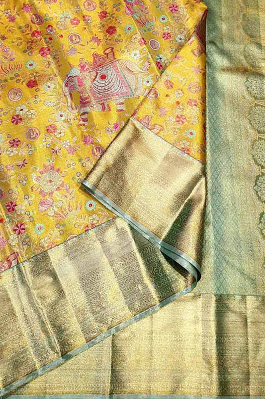 Yellow Kanjeevaram Handloom Pure Tissue Silk Saree - Luxurion World