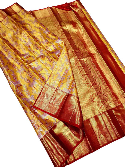 Yellow Kanjeevaram Handloom Tissue Silk Saree - Luxurion World