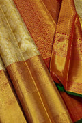 Exquisite Golden Handloom Kanjeevaram Pure Silk Saree - Luxurion World