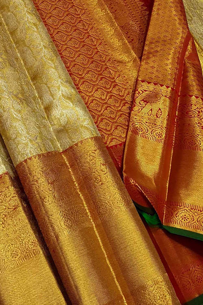 Exquisite Golden Handloom Kanjeevaram Pure Silk Saree - Luxurion World