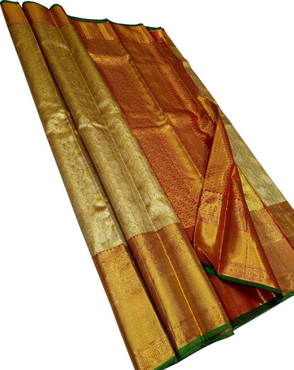 Exquisite Golden Handloom Kanjeevaram Pure Silk Saree - Luxurion World
