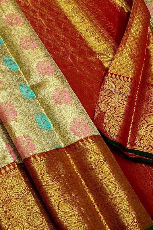 Exquisite Golden Handloom Kanjeevaram Pure Silk Saree - Luxurion World
