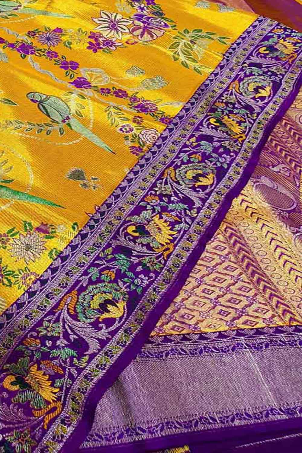 Yellow Kanjeevaram Handloom Pure Tissue Silk Saree - Luxurion World