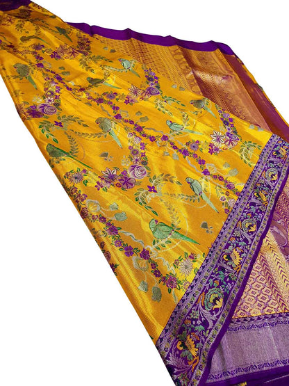 Yellow Kanjeevaram Handloom Pure Tissue Silk Saree - Luxurion World