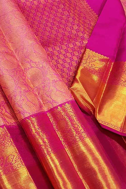 Pink Handloom Kanjeevaram Pure Silk Peacock Design Saree - Luxurion World