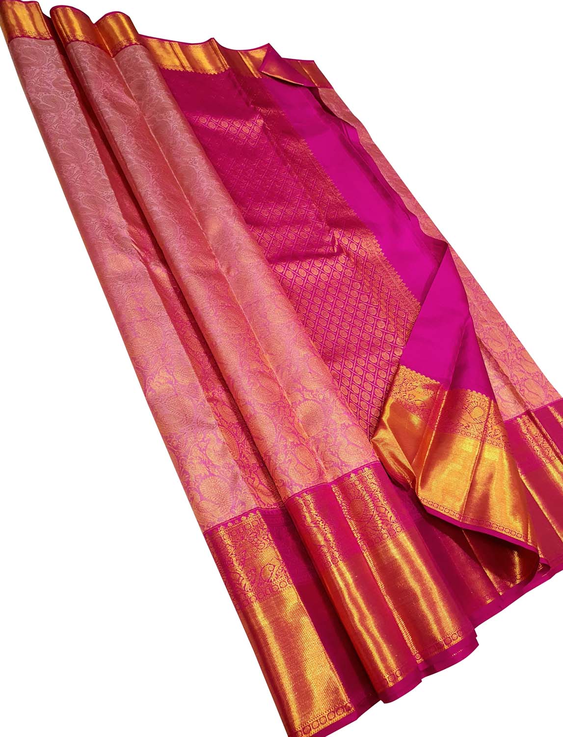 Pink Handloom Kanjeevaram Pure Silk Peacock Design Saree - Luxurion World