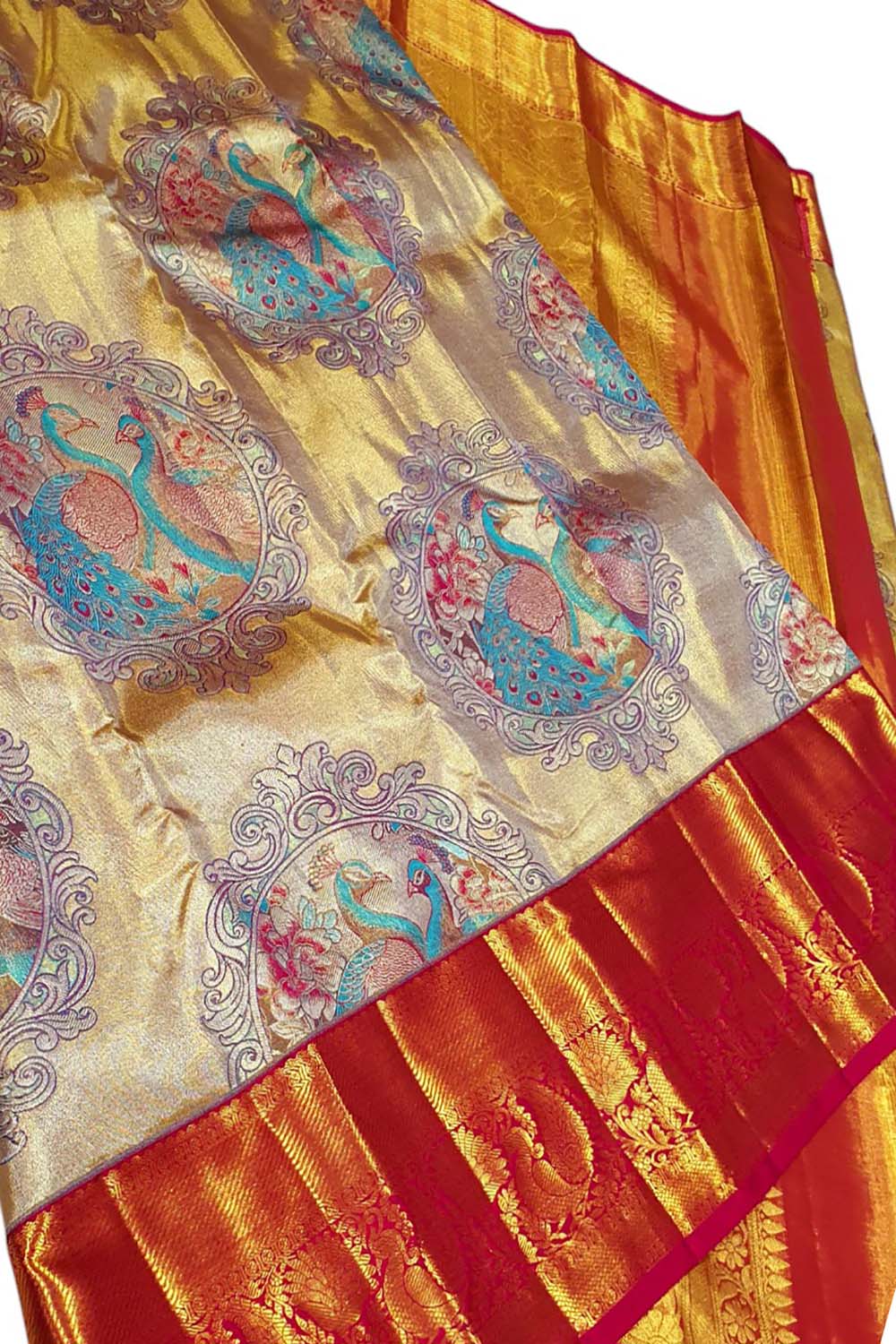Exquisite Golden Kanjeevaram Handloom Pure Tissue Silk Peacock Design Saree - Luxurion World