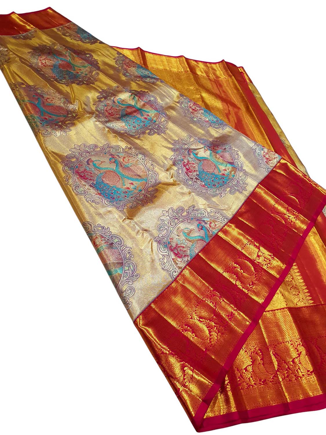 Exquisite Golden Kanjeevaram Handloom Pure Tissue Silk Peacock Design Saree - Luxurion World