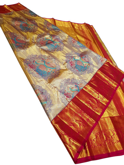 Exquisite Golden Kanjeevaram Handloom Pure Tissue Silk Peacock Design Saree - Luxurion World