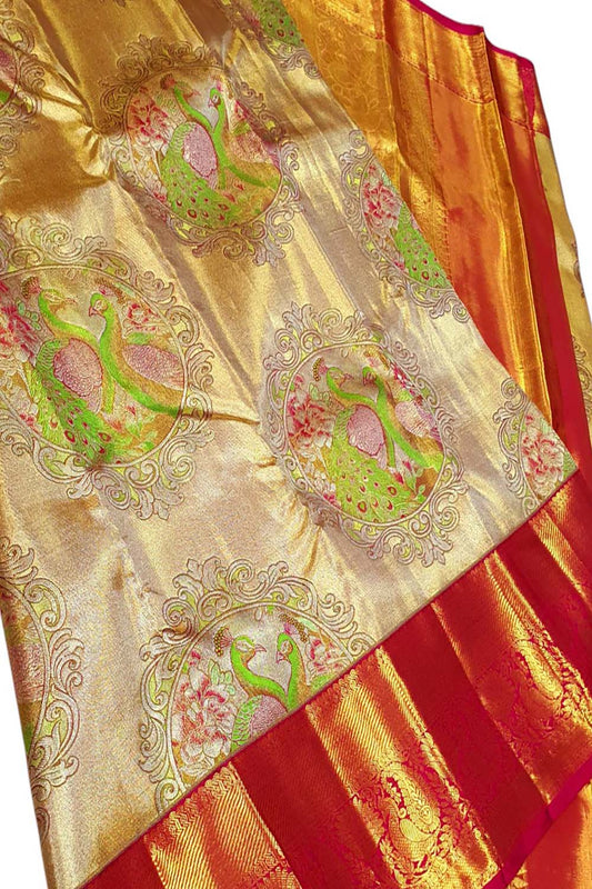 Exquisite Golden Kanjeevaram Handloom Pure Tissue Silk Peacock Design Saree - Luxurion World