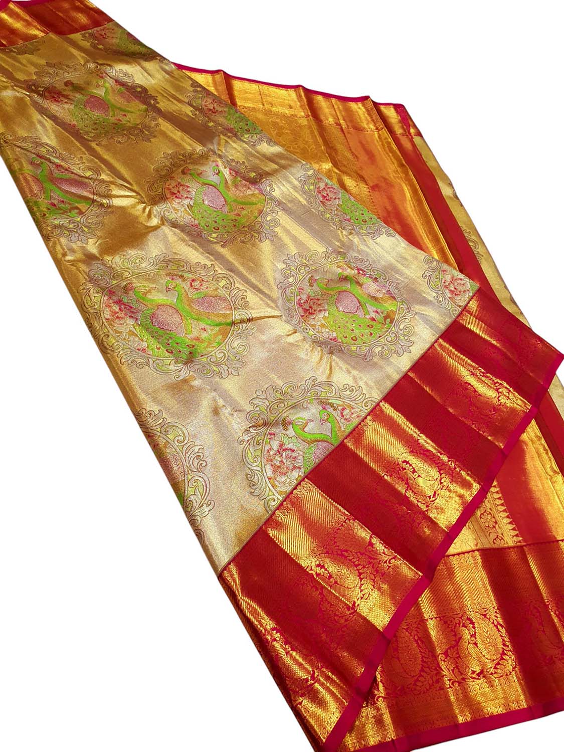 Exquisite Golden Kanjeevaram Handloom Pure Tissue Silk Peacock Design Saree - Luxurion World