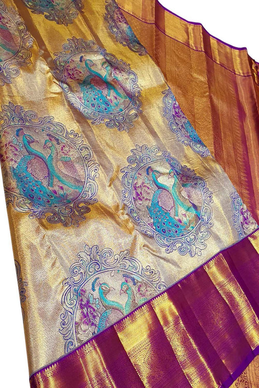 Exquisite Golden Kanjeevaram Handloom Pure Tissue Silk Peacock Design Saree - Luxurion World