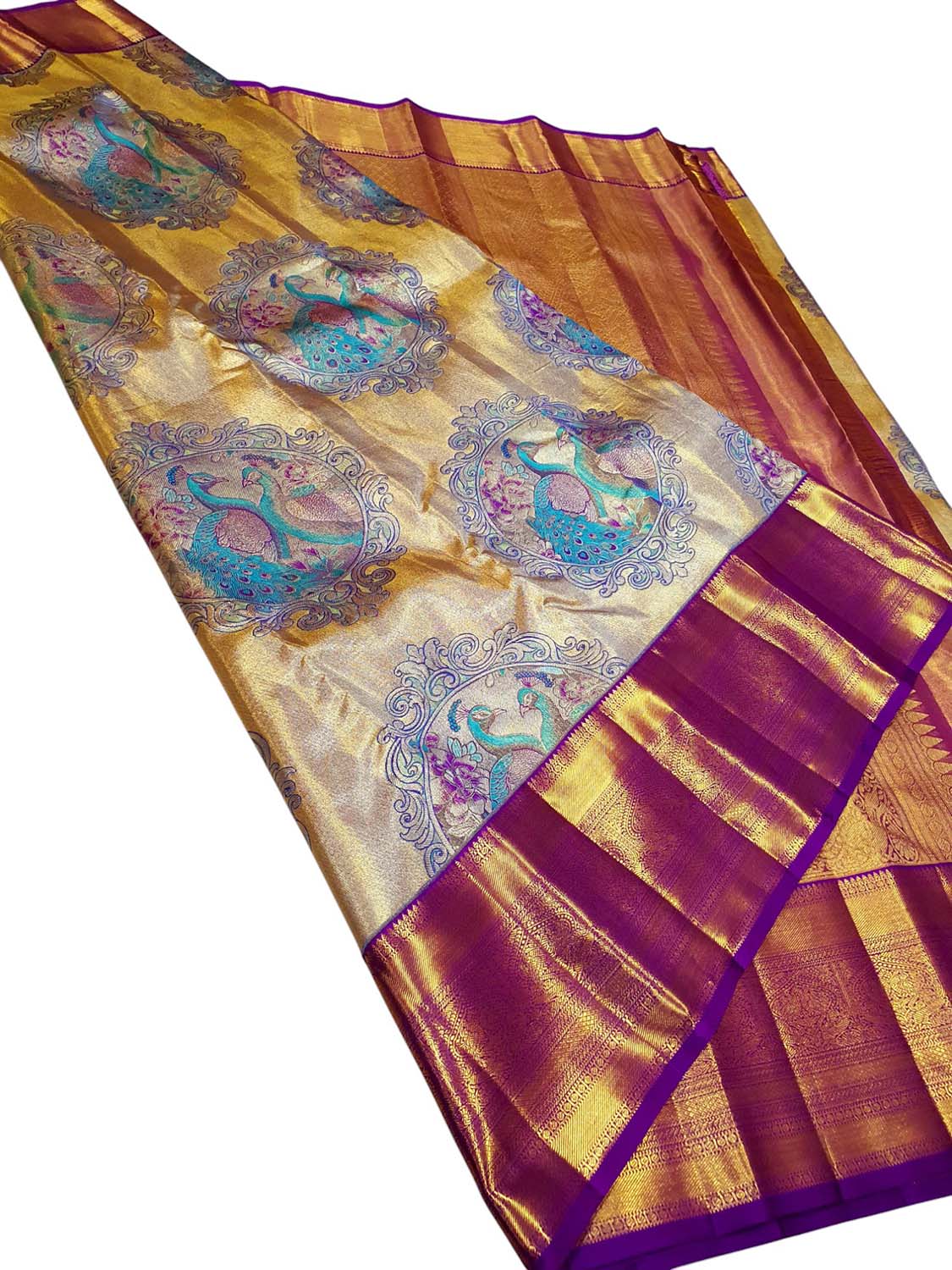 Exquisite Golden Kanjeevaram Handloom Pure Tissue Silk Peacock Design Saree - Luxurion World